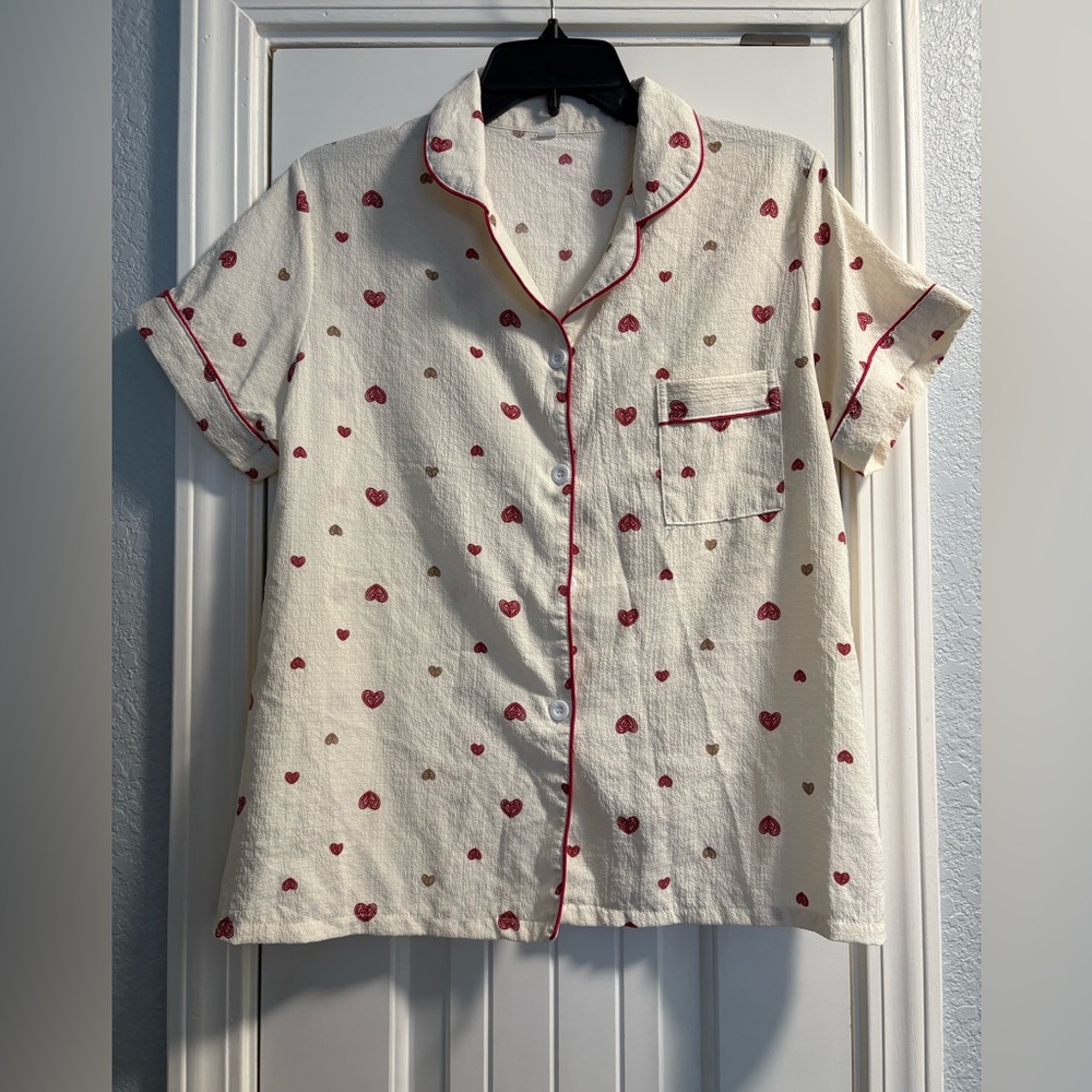 Cozy Heart-Print Pajama Set, Women's Size Large - Short Sleeve Top & Shorts